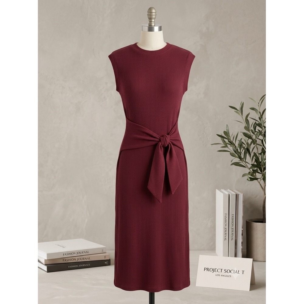 Project Social T Ribbed Tie Waist Midi Dress Burgundy Sleeveless Small 11601-CR